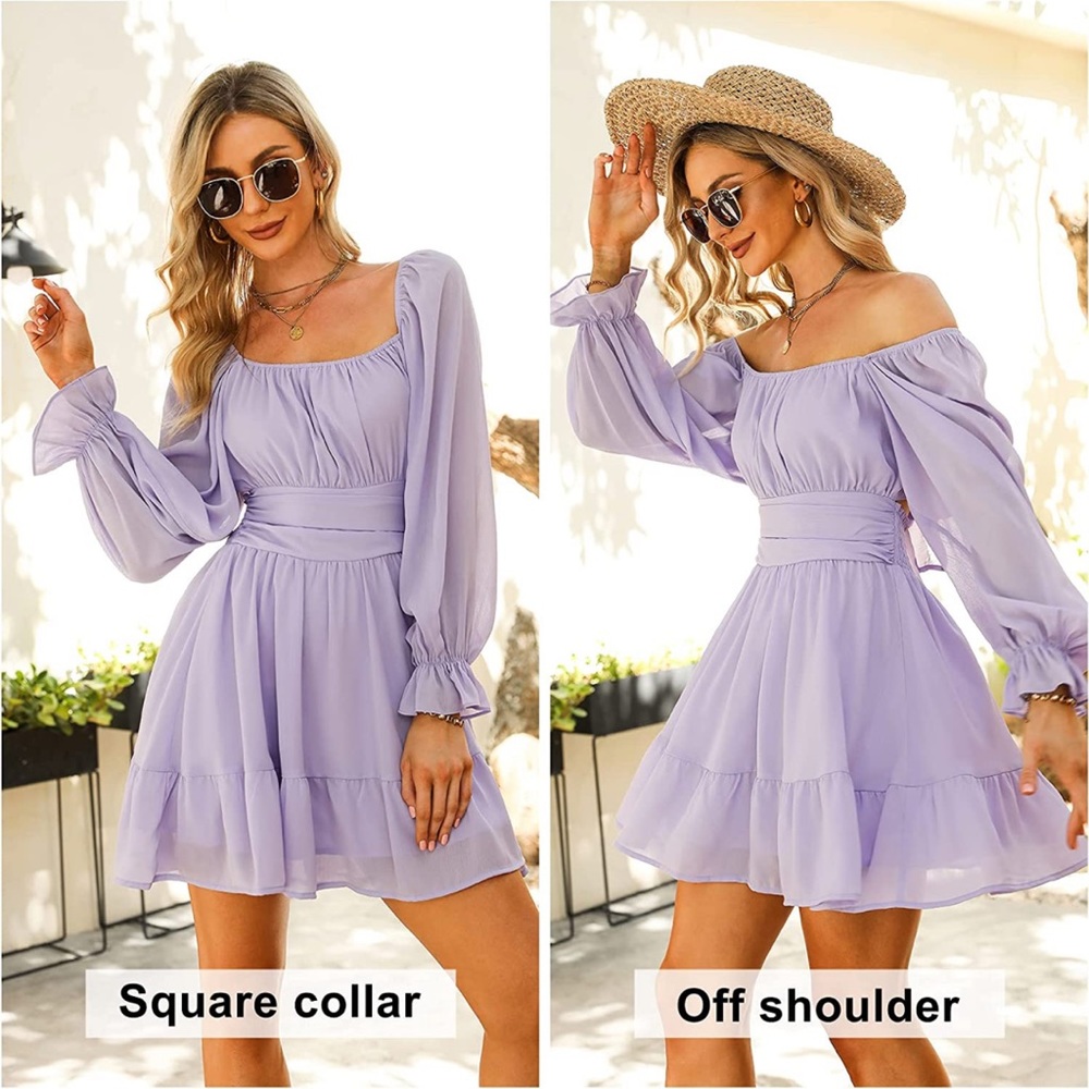 Exlura Tie Back Long Lantern Sleeves Square Neck Ruffle Elastic Waist Mini Dress - Picture 1 of 6